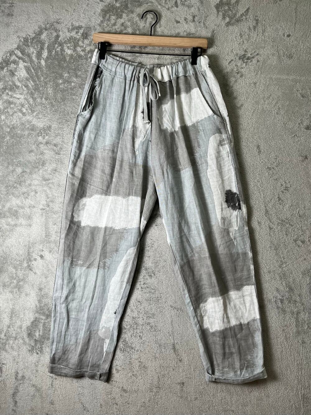 Tempo Paris Gray White 100% Linen Patchwork Pants Drawstring Relaxed Leg Size M